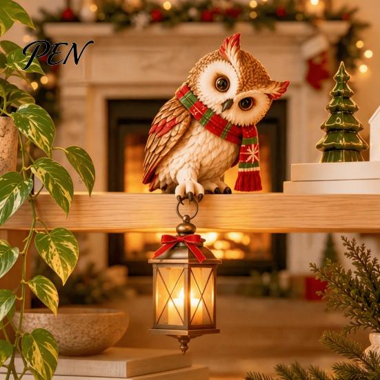 Office Desk Ornament Christmas Owl Figurine with LED Lantern, Resin Decorative Animal Sculpture, Unique Tabletop Craft Holiday for Living Room Bedroom