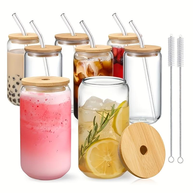 

Набор из 8 стаканов для питья с бамбуковой крышкой и стеклянной соломинкой - стеклянный стакан 550 мл/18,7 унции, стакан для холодного кофе 501-600ml