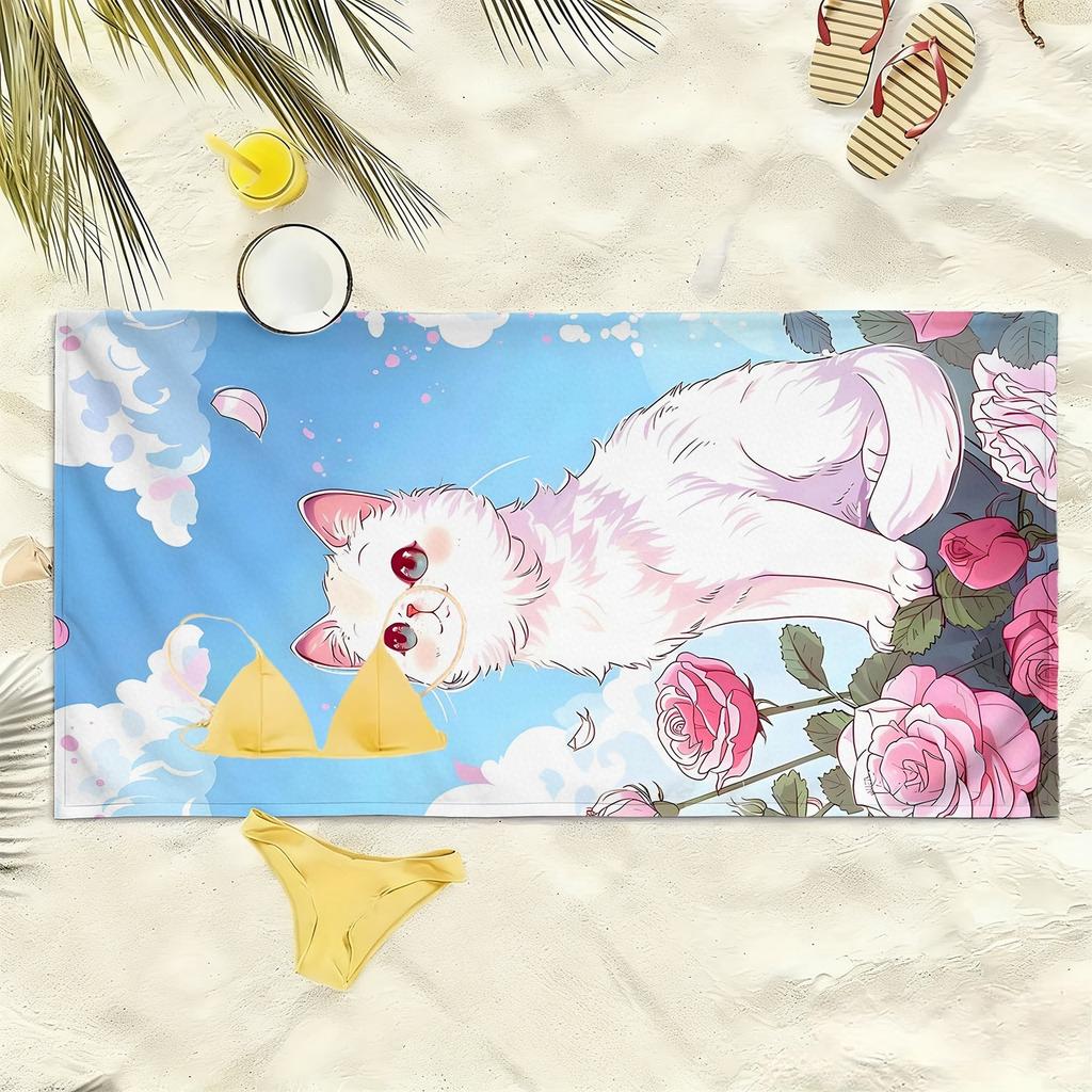 Dreamy Cartoon Cat with Rose Pattern Polyester Microfiber Beach Towel Is Highly Absorbent, Suitable Swimming and Beach Outings