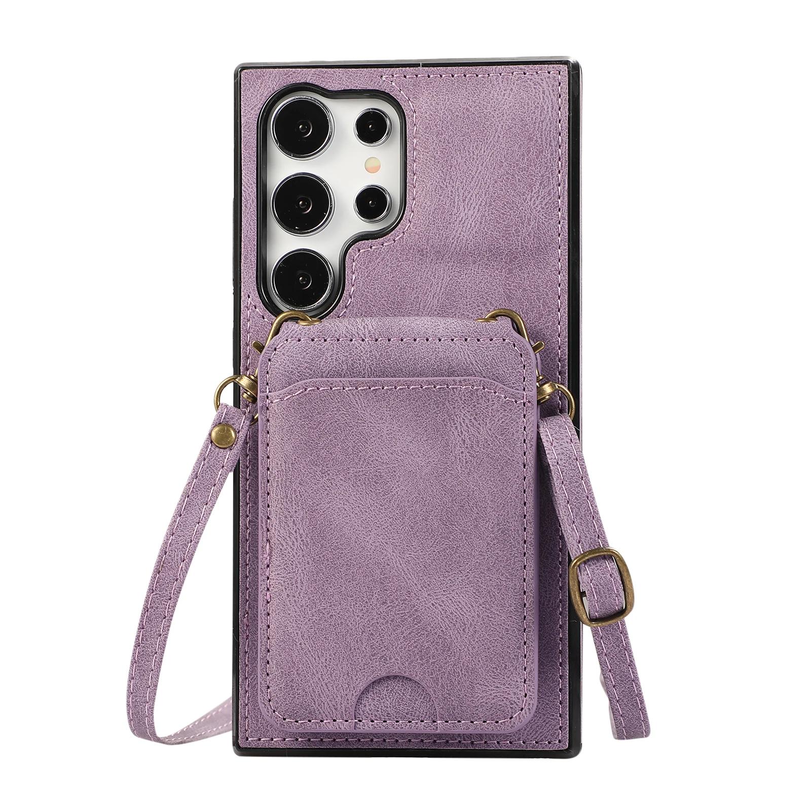 

Кожаный чехол-кошелек Card Solt для Samsung Galaxy S24 S22 Ultra S23 Plus S21 Fe A55 A15 A54 A34 A52 A72 5G Crossbody Cover For Galaxy S21Ultra&Case & Strap фиолетовый