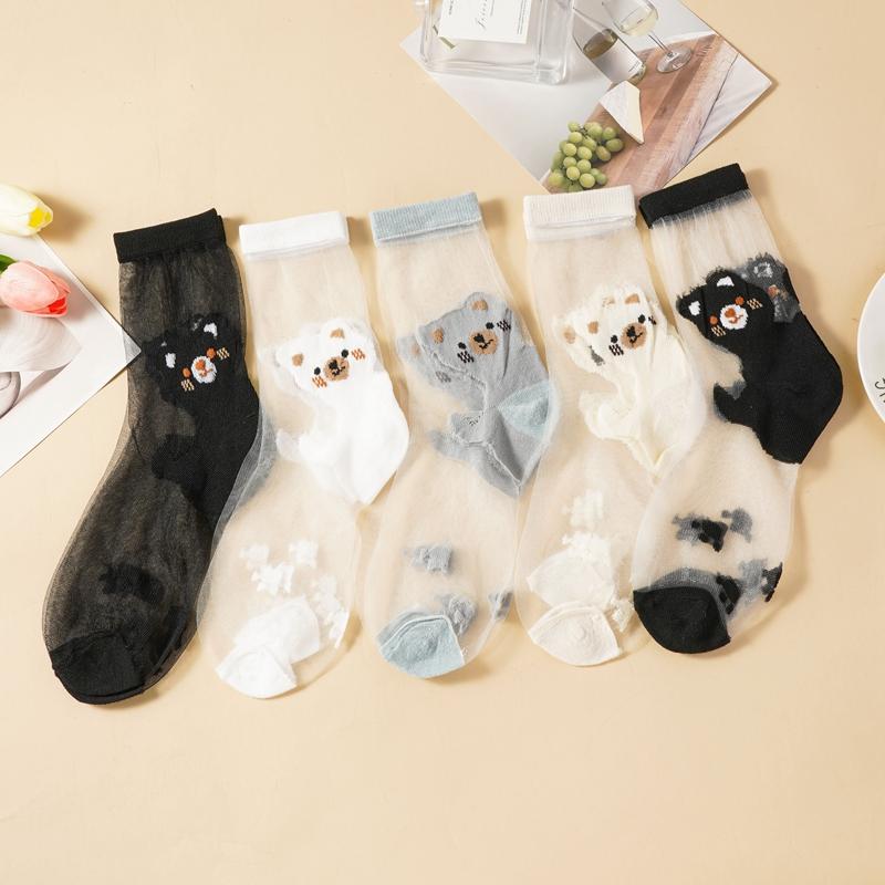 3/5 Pairs Cartoon Bear Sheer Mesh Socks for Women Breathable Transparent Ankle Socks Thin Summer Socks Cute Animal Pattern Socks