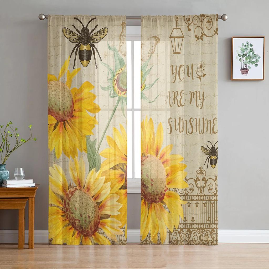 Modern Bee Azalea Retro Flower Tulle Curtains Living Room Bedroom Decoration Chiffon Voile Kitchen Window Curtain With Sheer Polyester Perfect For
