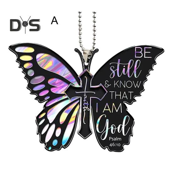 Motyl Brelok Zawieszka Lusterko wsteczne Ozdoba Bądź Spokojny I Wiedz, Że Jestem Bogiem Akrylowy Płaski Klucz Samochodowy Wiszący Zawieszka