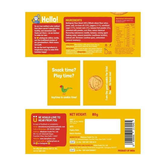 Slurrp Farm Geen Meel Geen Geraffineerde Suiker Assorti Pak Koekjes | Banaan Haver, Choco Ragi en Melk Choco Chip | Pak van 3 x 80g