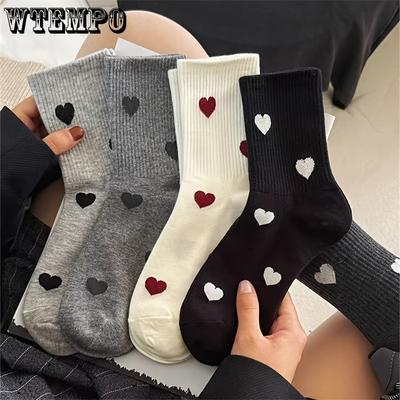 5 Pairs Heart Print Socks, Simple & Comfort Mid Tube Socks For Fall & Winer, Women's Stockings & Hosiery