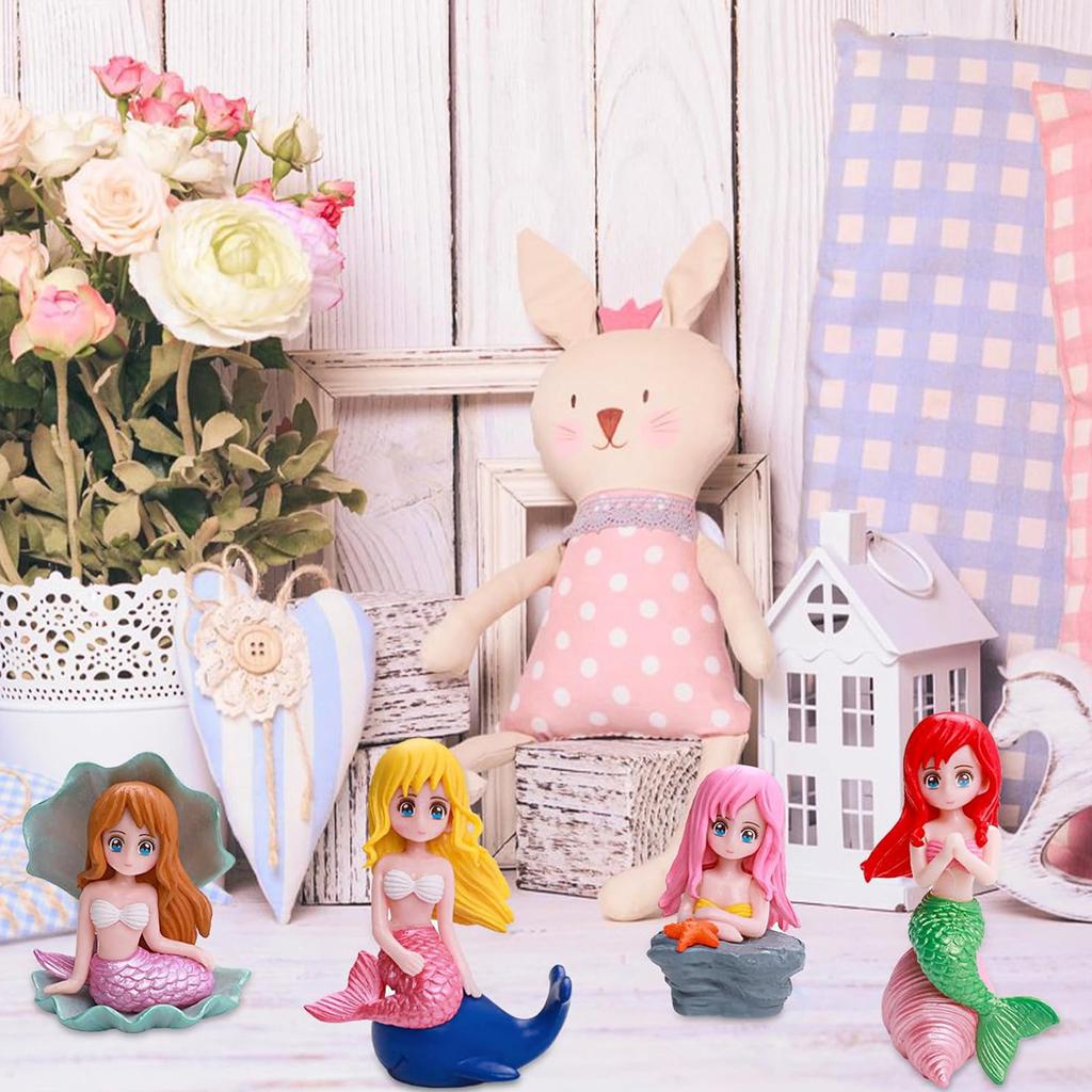4pcs Mermaid Cake Topper Little Cute Mermaid Doll Figurines Decorations for Mermaid Princess Under the Sea Theme Birthday Party