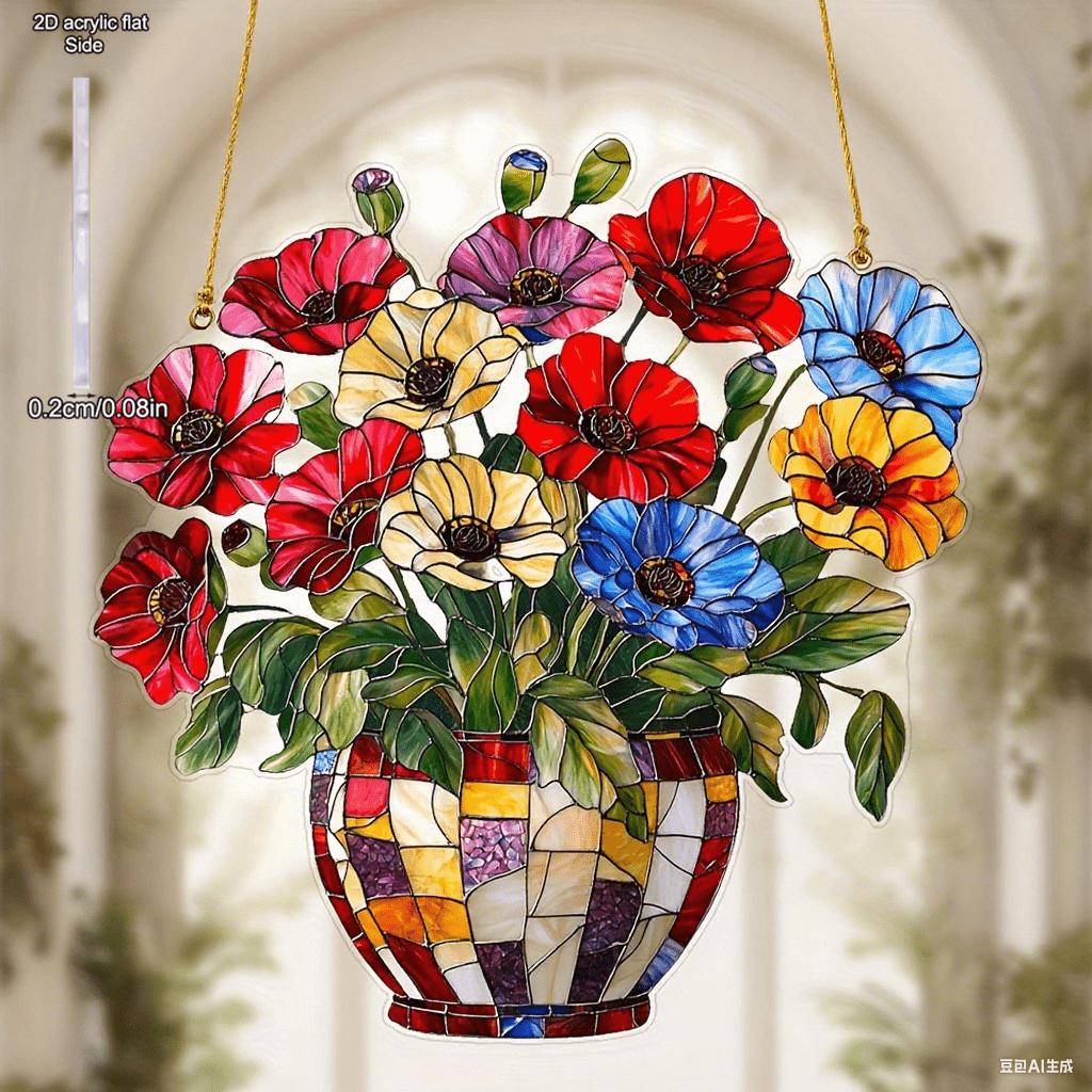 Acrylic Flower Pot with Solar Catcher Colored Light Collector Window Hanging Home Bedroom Decor Unique Holiday Gift, Four Seasons Decoration