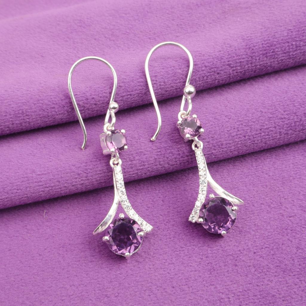 Natural Amethyst Gemstone 925 Sterling Silver Jewelry Zircon Hook Earrings 1.84" CZE-9-8