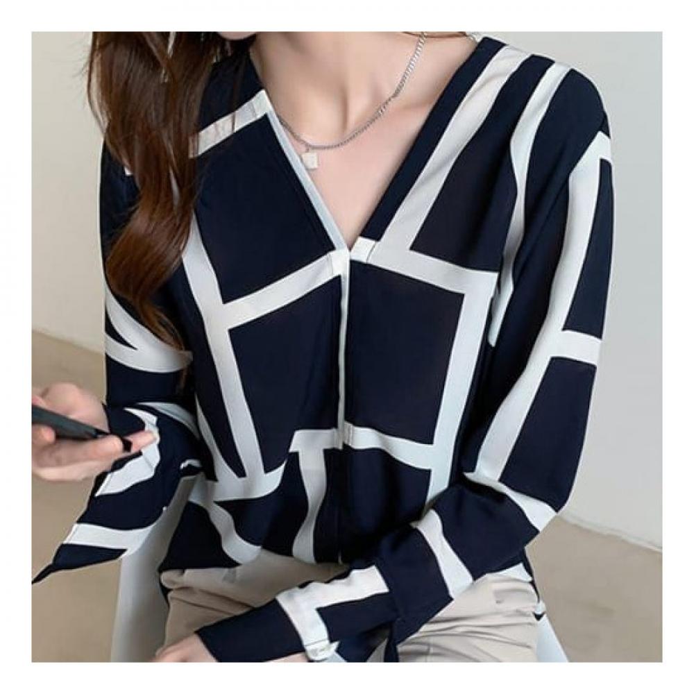 NaVaVa Women Vintage Line Point V Neck Long sleeVe Blouse Nb1957