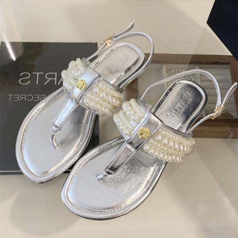 

Модные Элегантные Шлепанцы-вьетнамки с Металлическим Дизайном Цветка из Бусин на Шнурках Женские Сексуальные с Перемычкой для Пальца Задним Ремешком и Пряжкой Летние Брендовые Пляжные Сандалии 40 серебряный