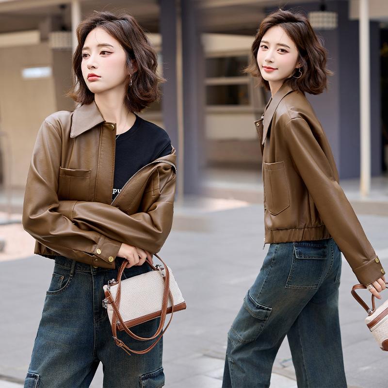 Khaki Leather Jacket Women's Spring and Autumn New Small Short Motorcycle Jacket Top