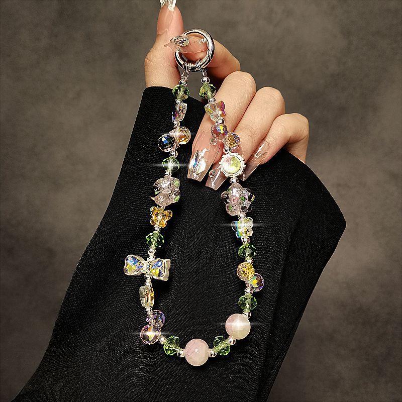 Pvc Crystal Flower Phone Strap With Keychain Holder For Women And Men