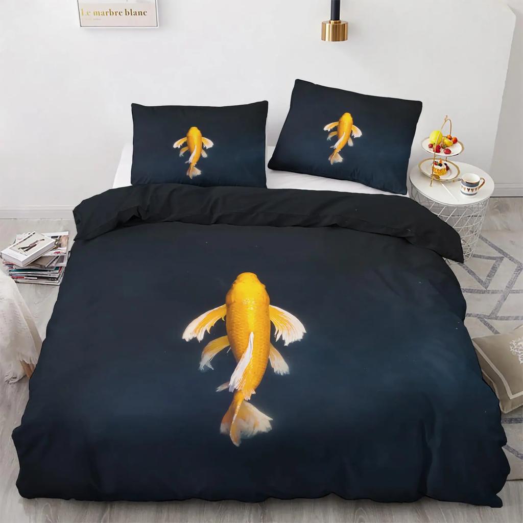 Goldfish Bedding Set Fantasy Yin Yang Fish Duvet Covet Cherry Blossom Flowers Theme Blue Sea Wave Breathable Bedding Set