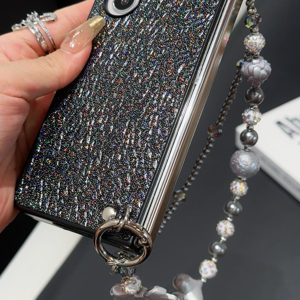 For Samsung Galaxy Z Fold6 5G Case Textured Glitter Leather+PC Phone Cover with Beaded Strap