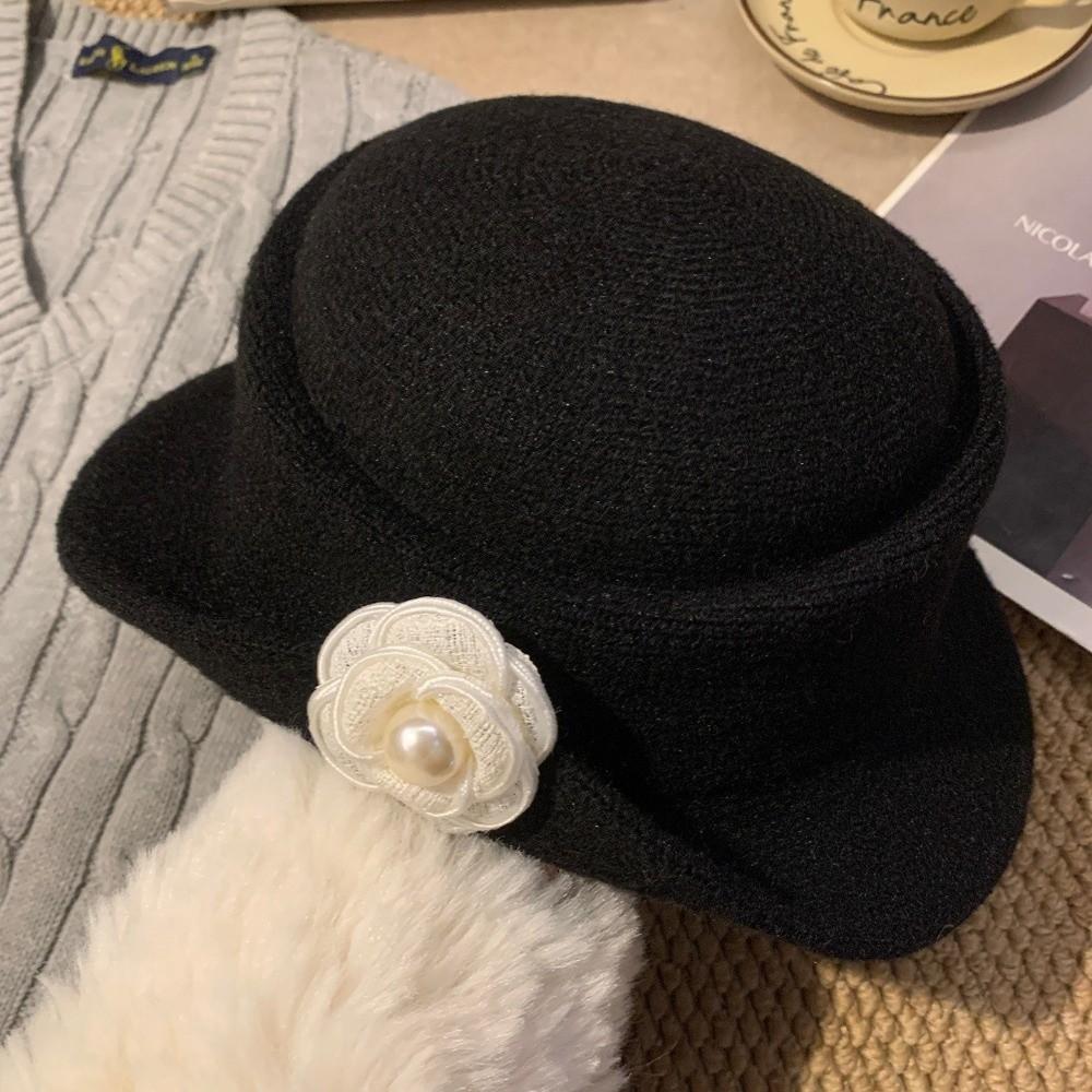 New Camellia Top Hat Pearl Hepburn Style Headwear Woolen Fabric Casual Beret Autumn Winter