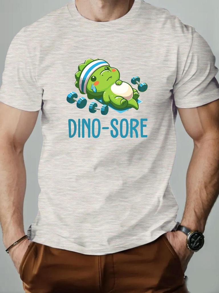 Men's Short Sleeve T-Shirt Cute Dino Sore Cartoon Dinosaur Fitness Graphic Print Weightlifting Theme Casual Streetwear Top