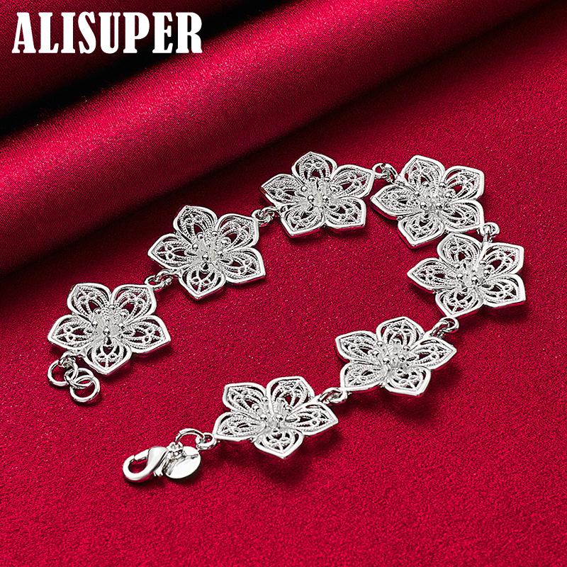 925 Sterling Silver Seven Flowers Bracelet Jewelry