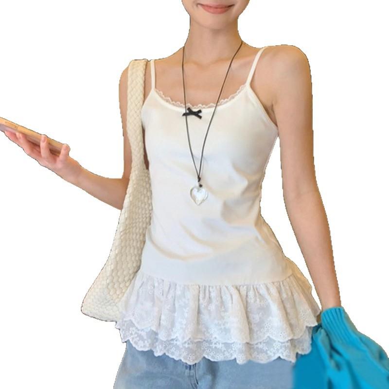 White bow design sling vest women s spring lace hem slim fit stacked inside small top S