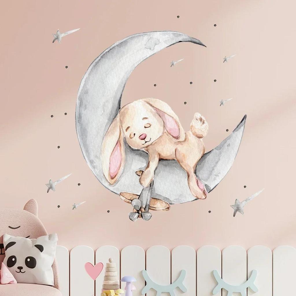 Cartoon Rabbit Sleeping On The Moon and Stars Wall Stickers for Kids Room Baby Room Decoration Wall Decals Room Interior