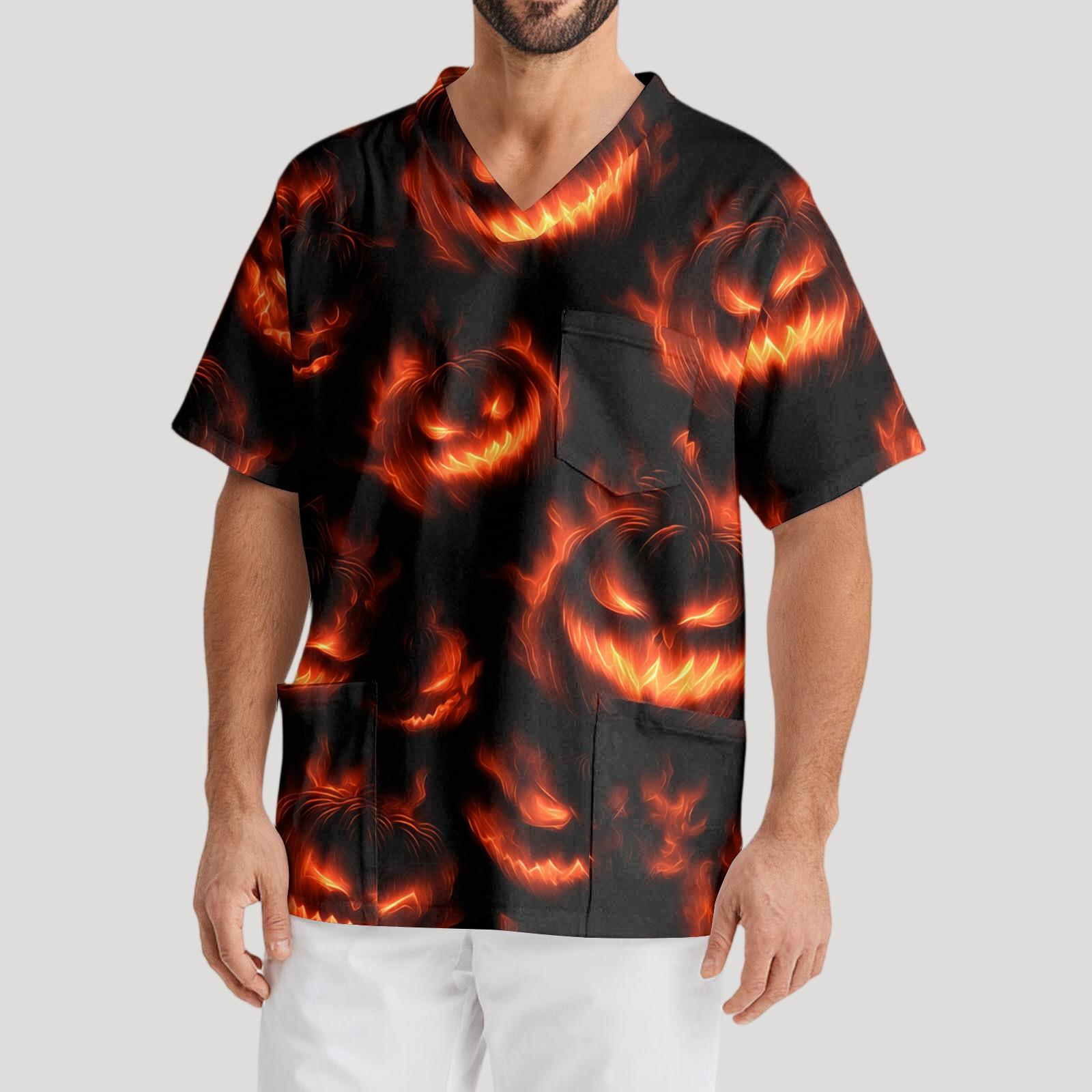 

Мужская рабочая блузка с короткими рукавами и v-образным вырезом с принтом, топ с нагрудным карманом L