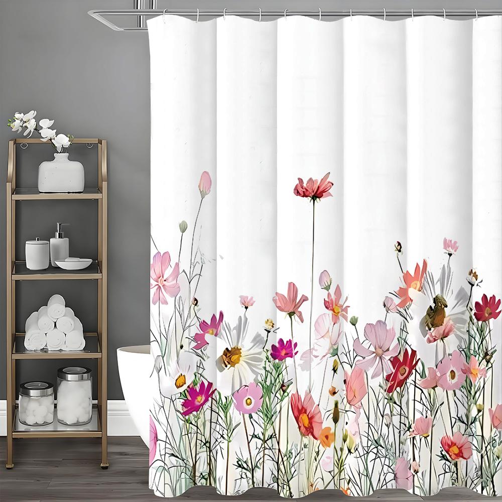 Flower Shower Curtain, Pink Flower, Solid Color Background with Hooks, Bathtub Shower Curtain, Waterproof Shower Curtain
