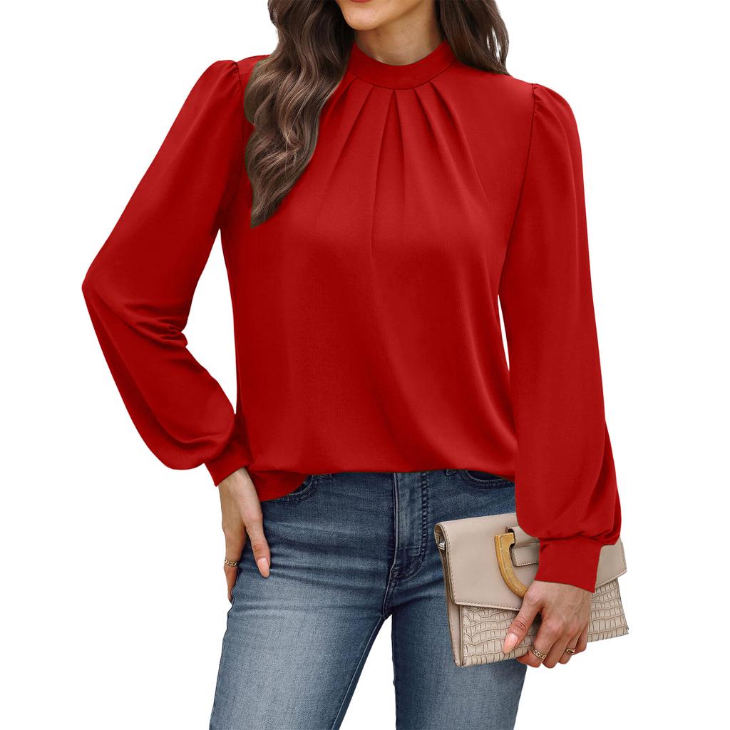 Women's Casual Long Sleeve Stand Collar Pleated Shirt
