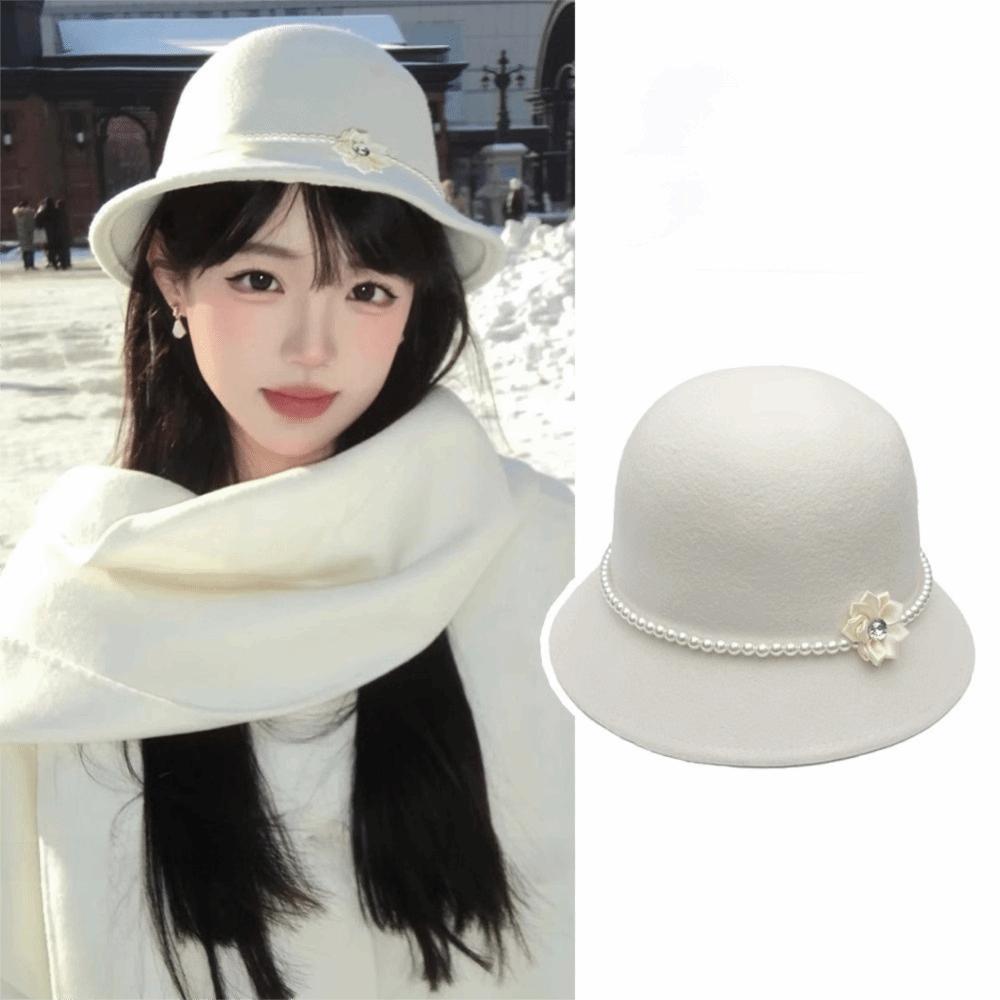 French Style Flower Topper Hat Pearl Woolen Bucket Hat Fashion Fisherman Hat  Lady