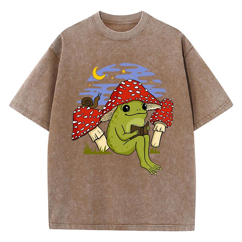 Cute Frog Mushroom Hat Reading Book Print Washed T-Shirt Women Jogging Cotton T Shirts Vintage Clothes Loose Short Sleeve