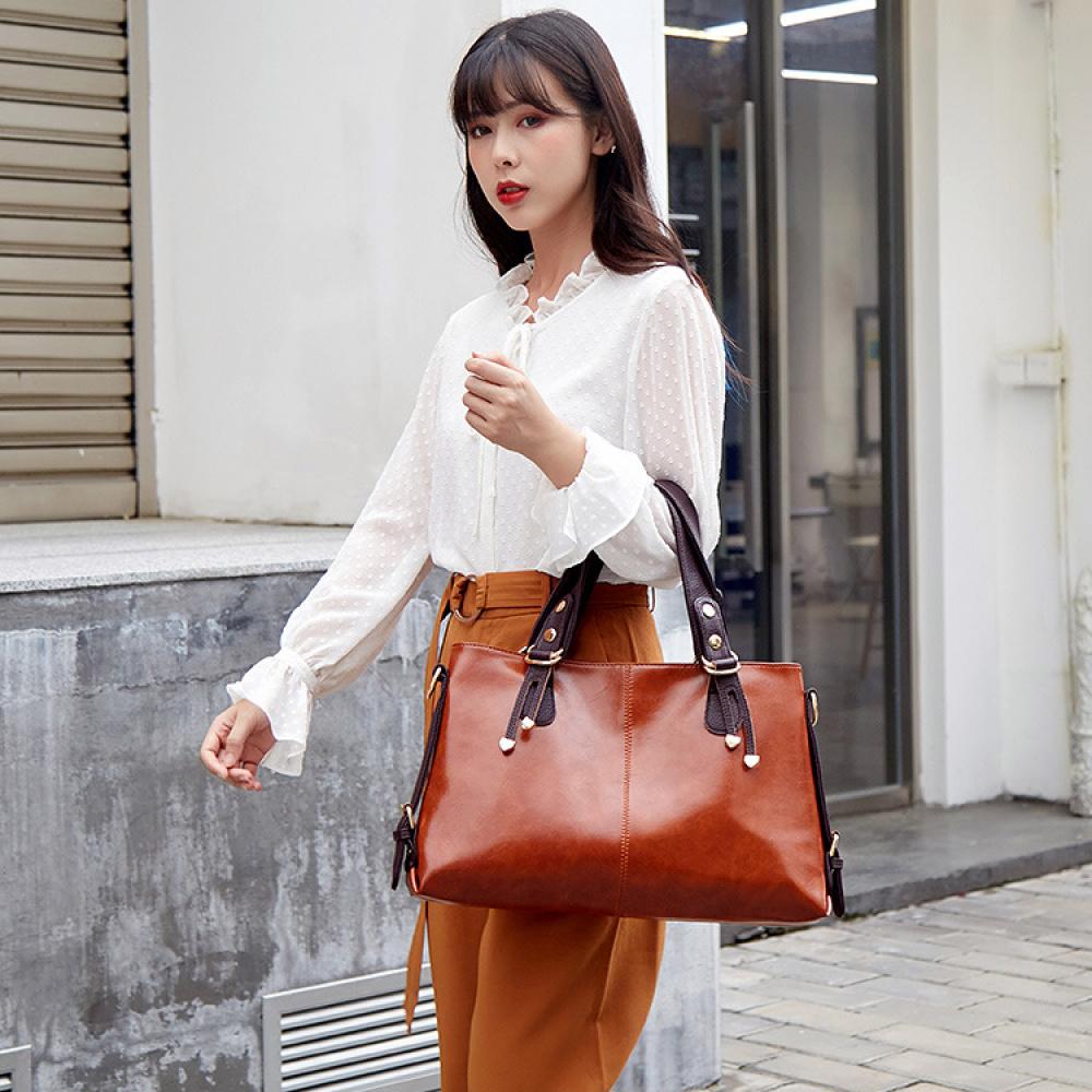 Retro Minimalist Atmosphere Large-Capacity Wide Shoulder Strap Solid Color Tote Bag Ladies' Fashion Multi-Layered Wax Oil Leather