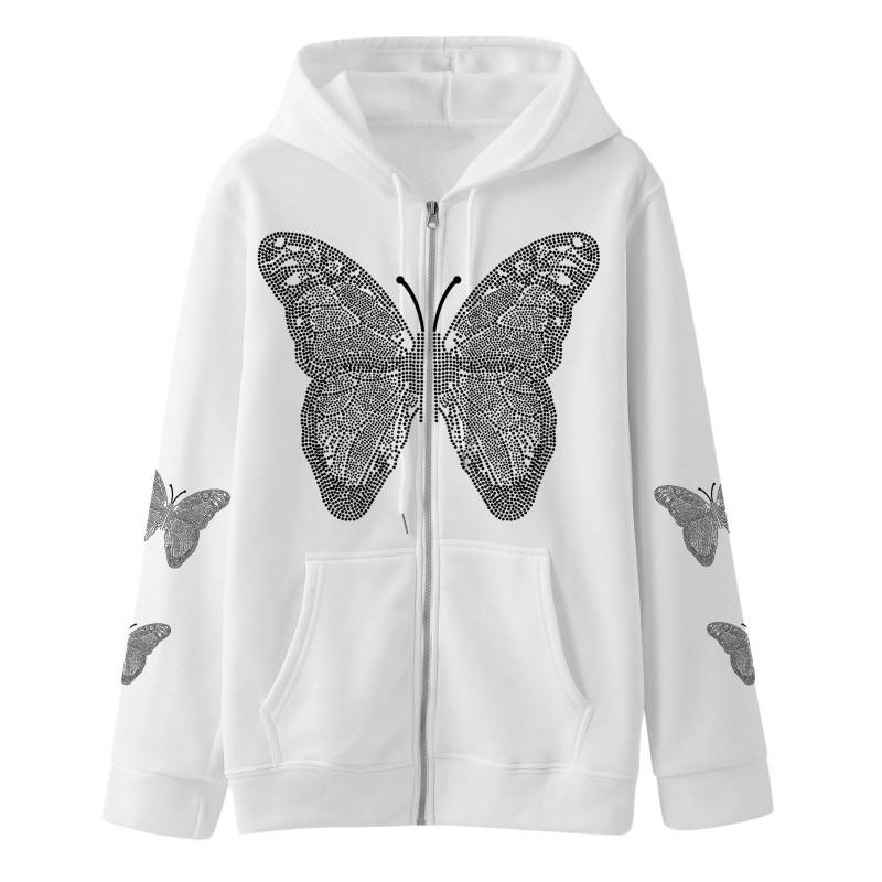Womens Butterfly Print Zip Hoodie Streetwear Casual Comfort Loose Fit Sweatshirt