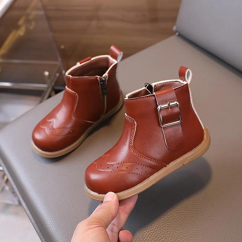 

Простые детские ботинки для девочек с круглым носком, повседневные школьные черные ботинки, модные универсальные детские нескользящие ботильоны с боковой молнией 21 коричневый