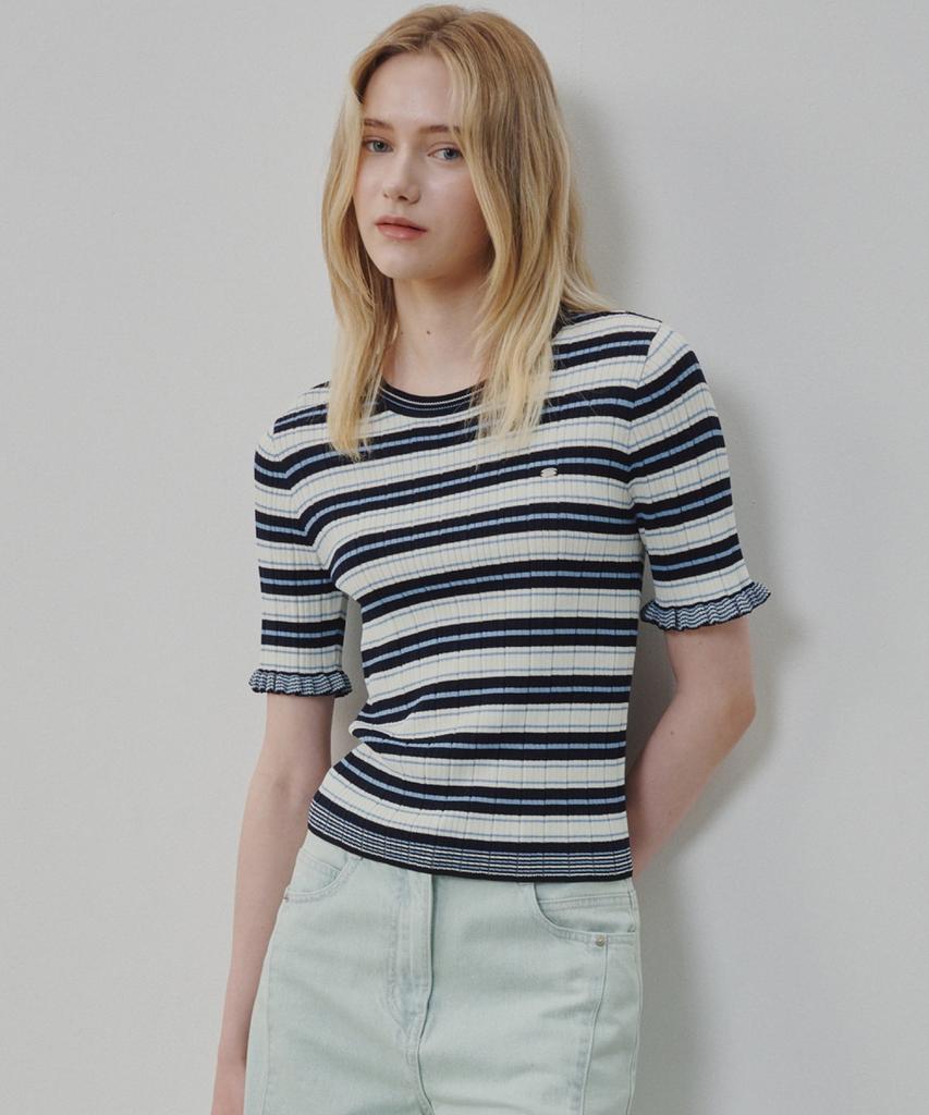 Ollibeudeollibeu Sleeve Frill Stripe Pullover Ok6Mp5710