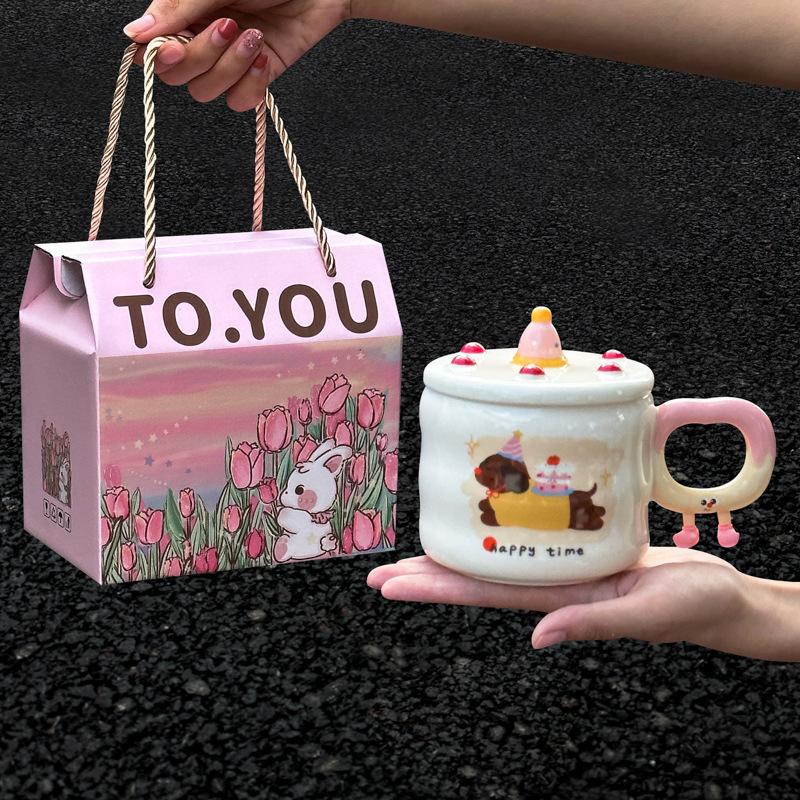 Birthday gift girls creative ceramic mug with lid cute cake student water cup