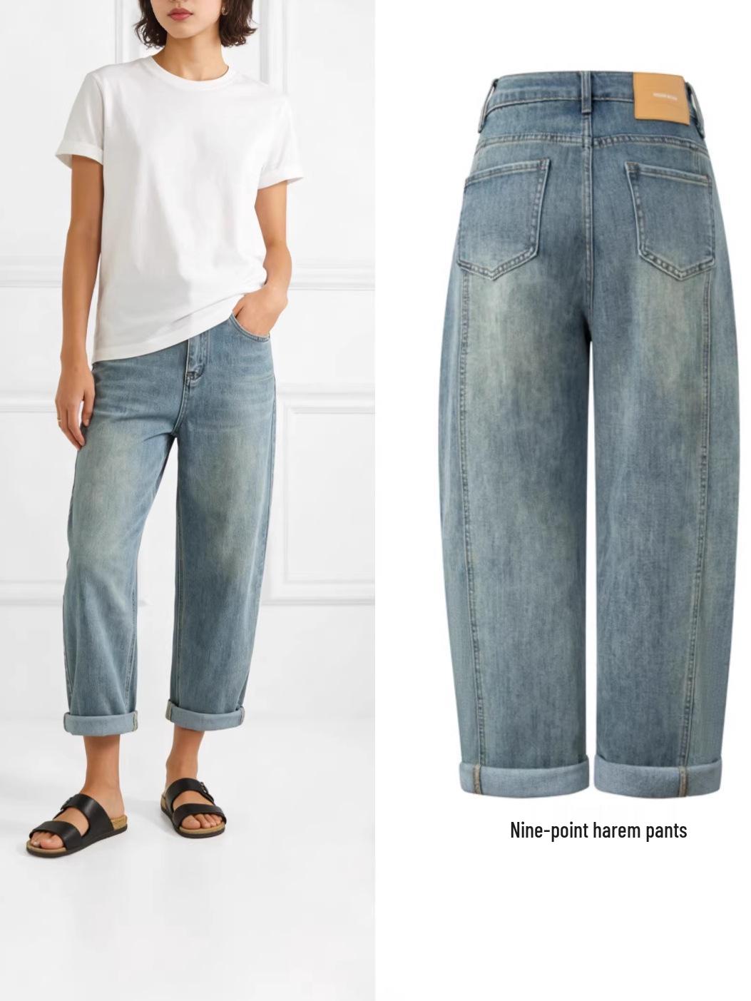 Retro Blue High-Waisted Cropped Harem Jeans for Women L