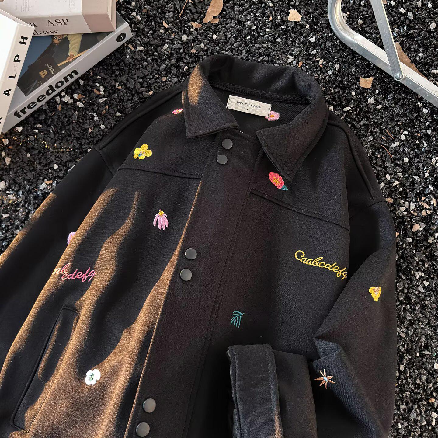 

Plus Size Floral Embroidered Grey Lapel Zipper Jacket for Couples (Autumn/Winter) 3XL чорний