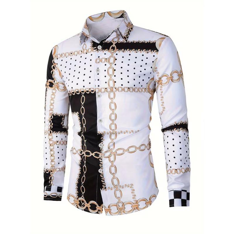Spring Autumn New Men Long Sleeve 100% Polyester Shirt Tops Chain Pattern 3D Digital Print Business Casual Shirt