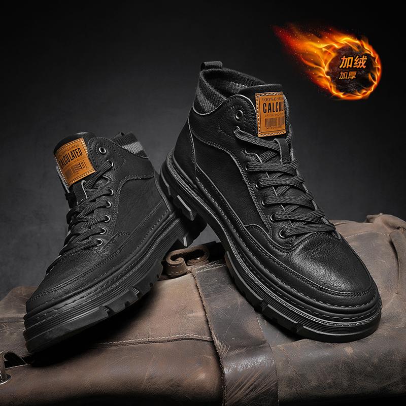 High-top autumn new leather shoes casual black Martin boots velvet cotton shoes trendy shoes