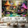 2D Fairy Tale Mushroom Village Tapestry, Colorful Houses with Pond & Flowers Wall Hanging, Fantasy Backdrop