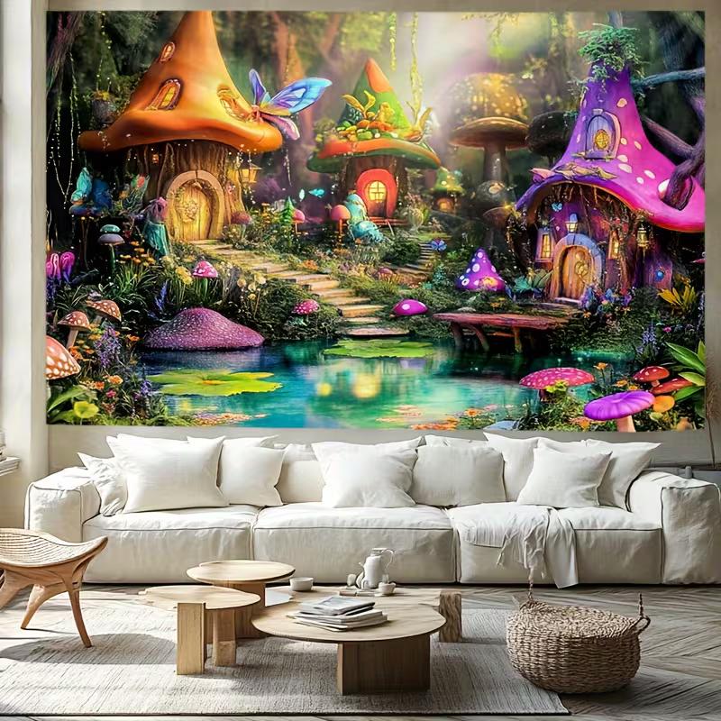 2D Fairy Tale Mushroom Village Tapestry, Colorful Houses with Pond & Flowers Wall Hanging, Fantasy Backdrop