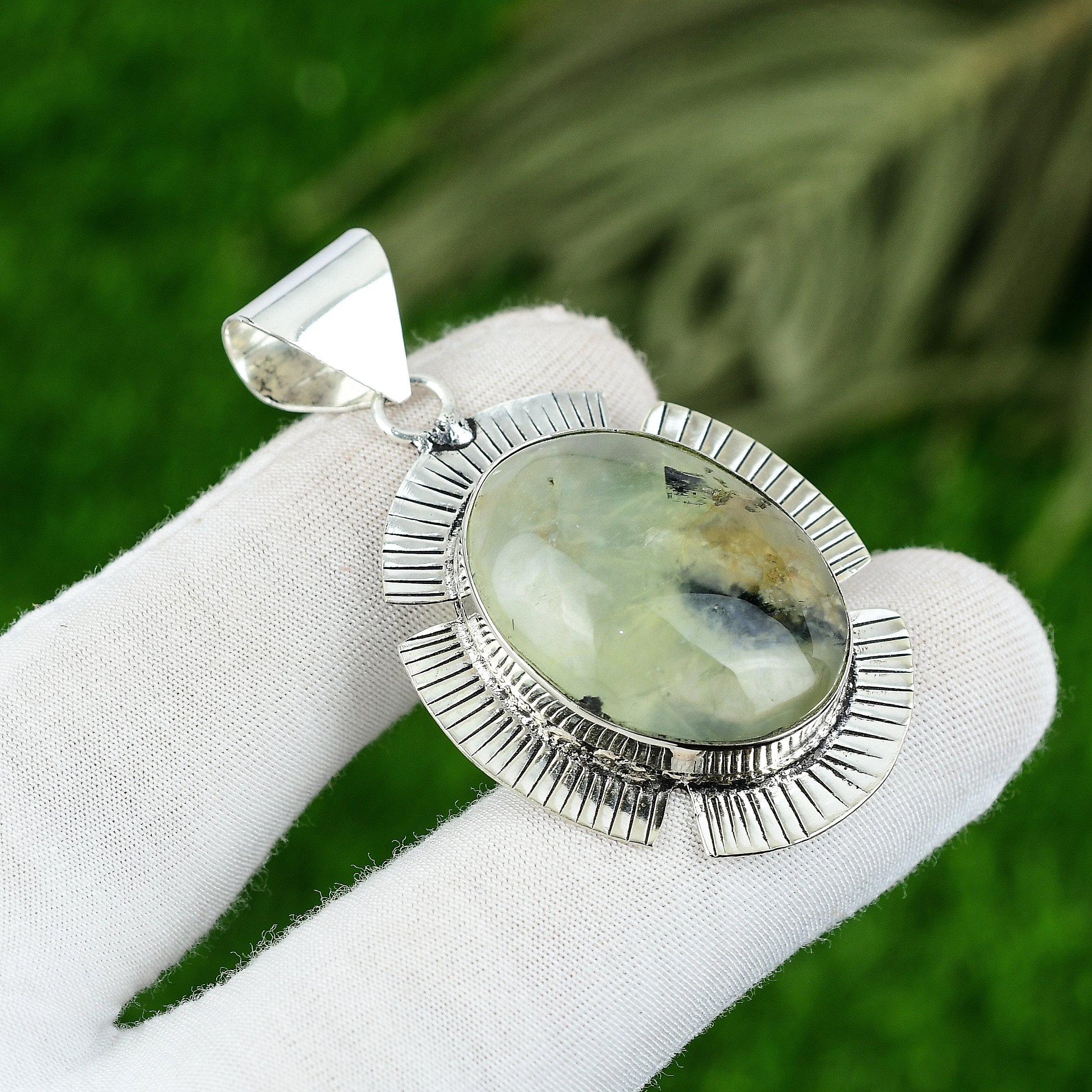 

Oval Prehnite Stone 925 Sterling Silver Unique Ethnic Trendy Bezel Wife Pendant