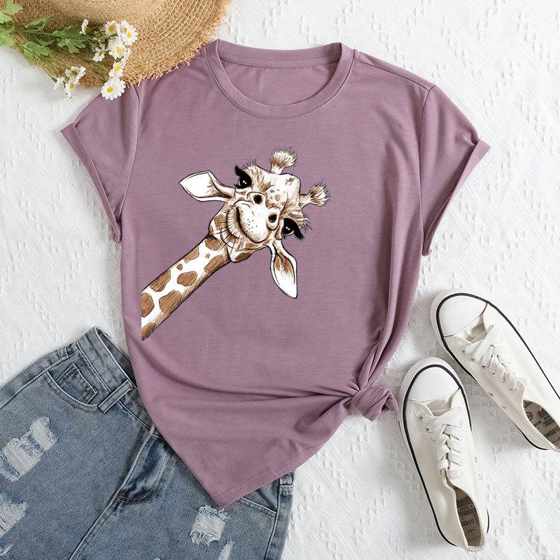 Summer Women's Plus Size Giraffe Print Loose Round Neck Casual Pure Cotton Short Sleeved T-shirts Women's