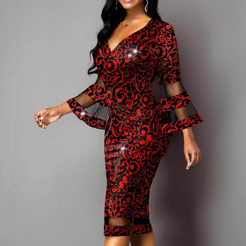 Elegantní dámské síťované potištěné šaty s výstřihem do V a lemováním