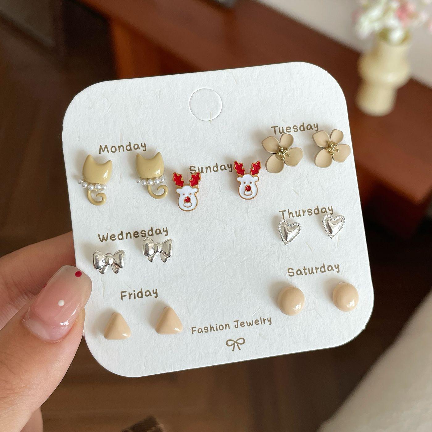 

«Набор сережек с мультяшным котом осень/зима»: 7 универсальных, симпатичных и красочных изделий с серебряными спицами для женщин/студенток