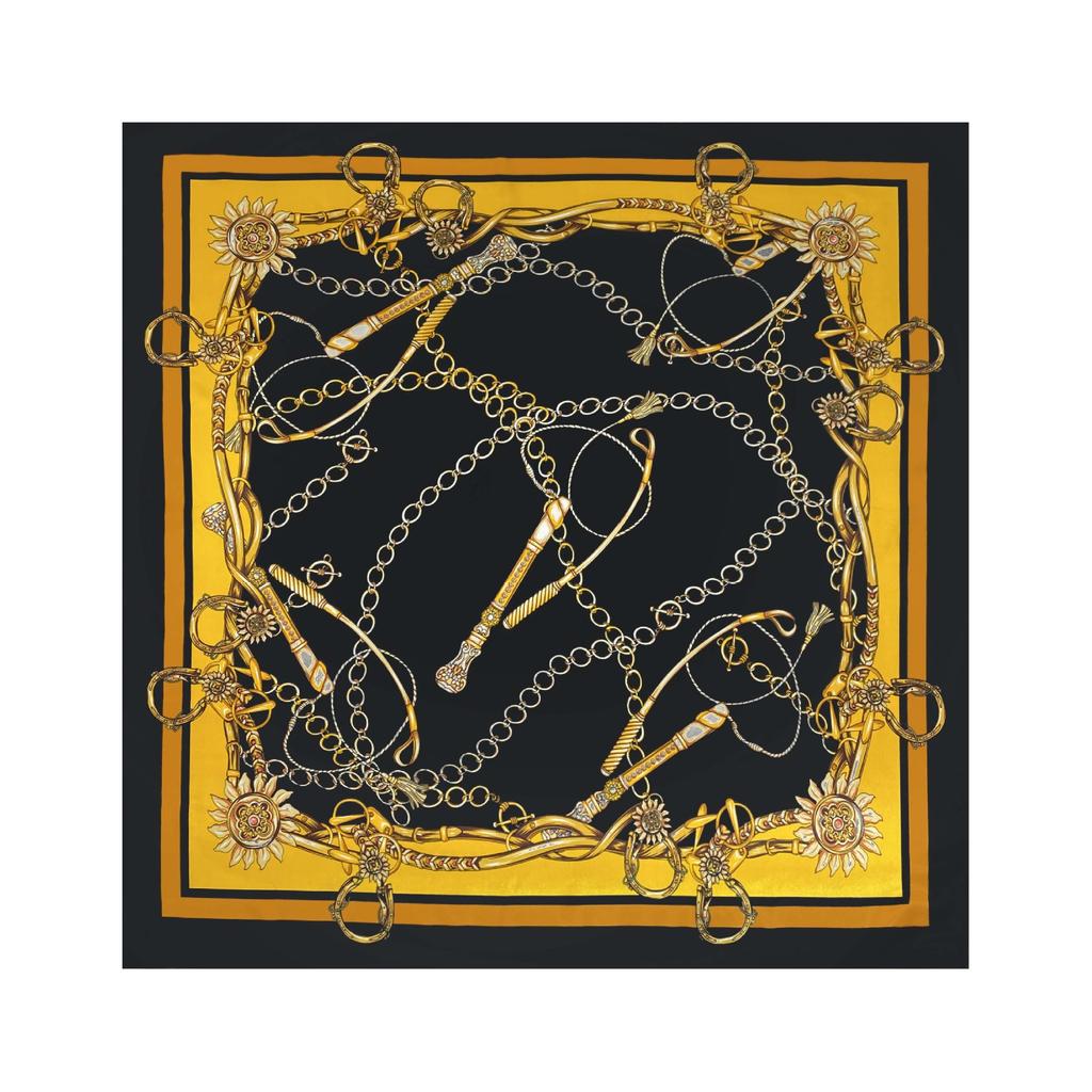 Black and Gold Belt, Fashionable Silk Scarf, Affordable Luxury Chain, Printed Square Scarf, Headscarf, Wrap Top, Faux Silk Satin for Women
