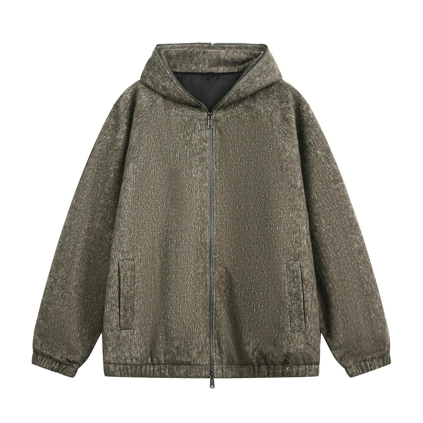 

Textured Mohair Silhouette Hooded Jacket Couple Autumn and Winter Retro Lazy Style Thick Cardigan Sweater Jacket XXL темного кольору хакі