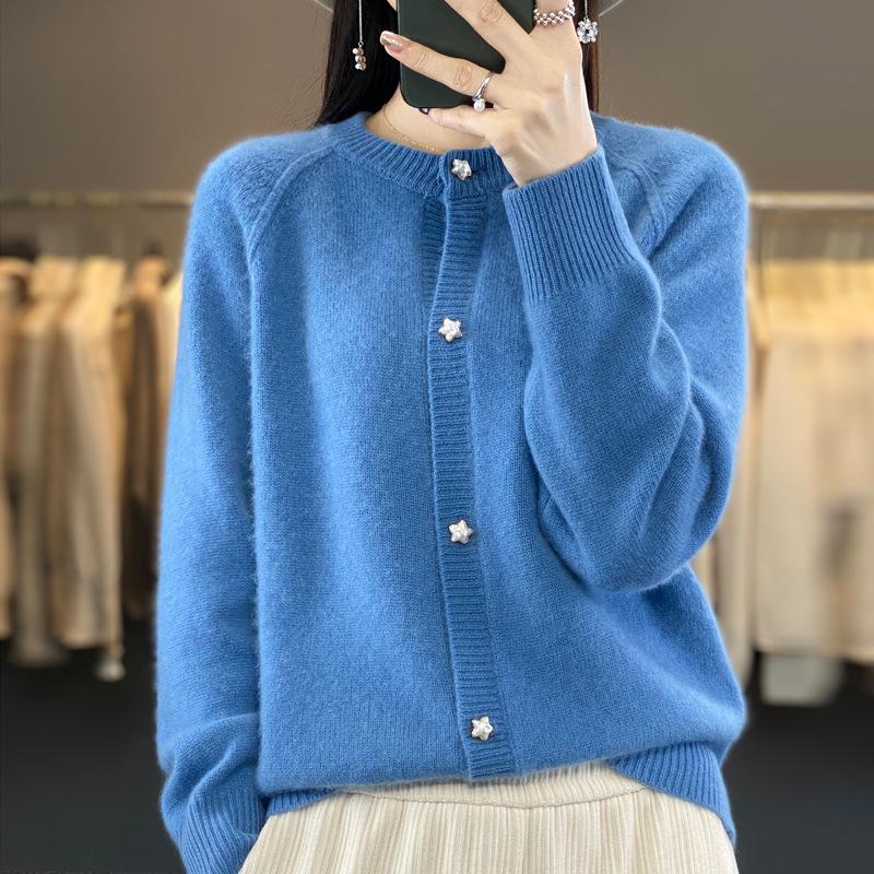 Women's 100% Cashmere Solid Color Cardigan - Round Neck, Long Sleeve (Autumn/Winter 2024)