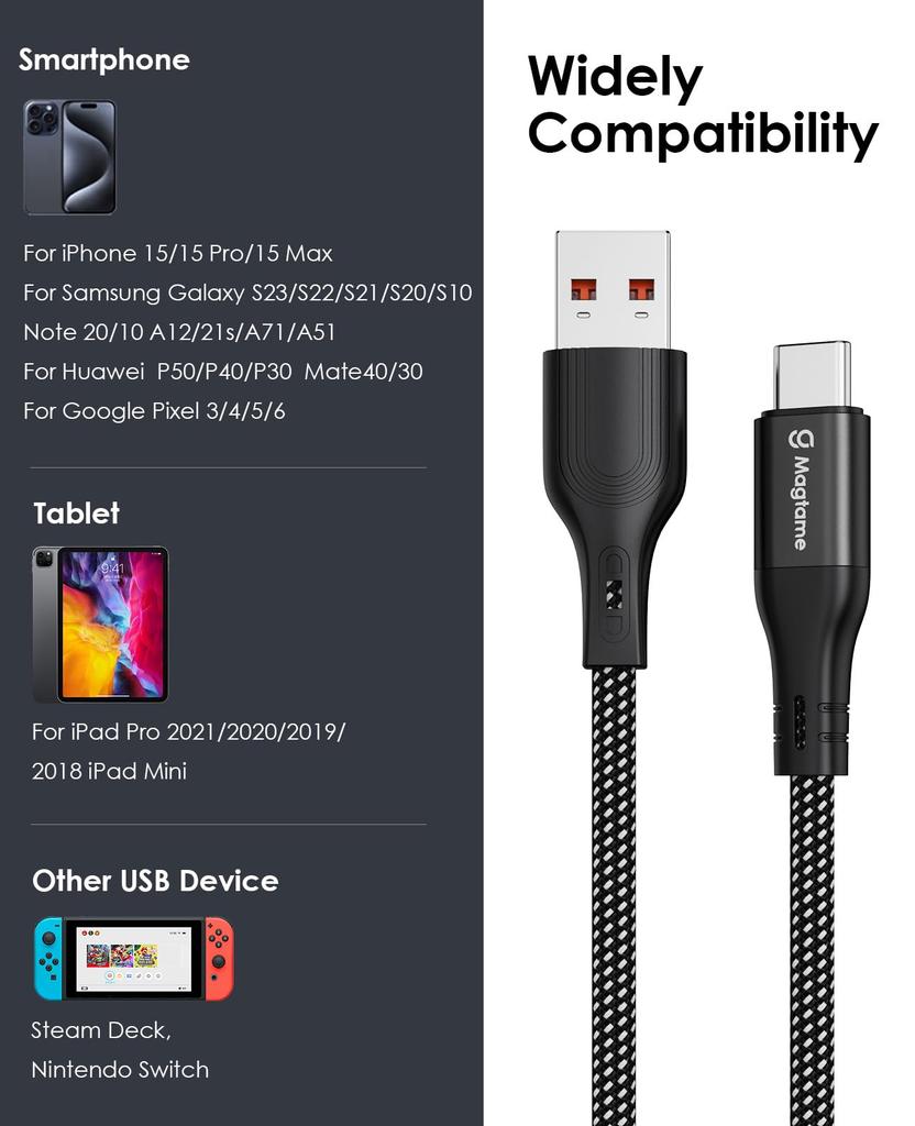 Magtame Fast Magnetic Metal Double Memory Compatible with and USB A to C Devices USB-C Cable, Charging, QC3.0 Compatible, Adsorption,