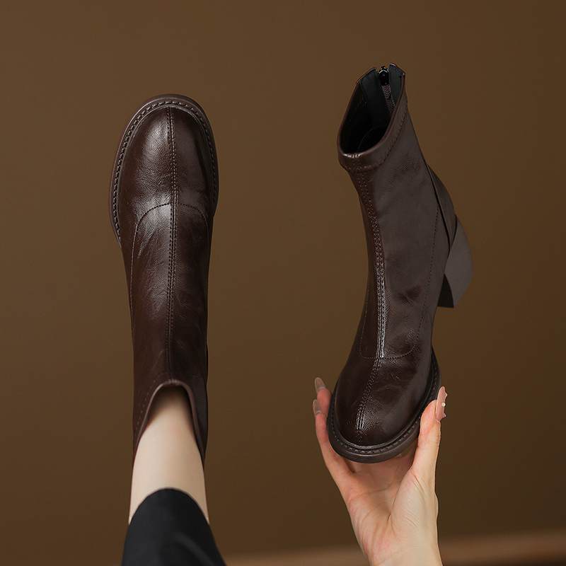 Krazing Po Microfiber Winter Round Toe Size 33 Western Boots Size 43 Zipper Thick High Heels Pleated Decoration Ankle Boots