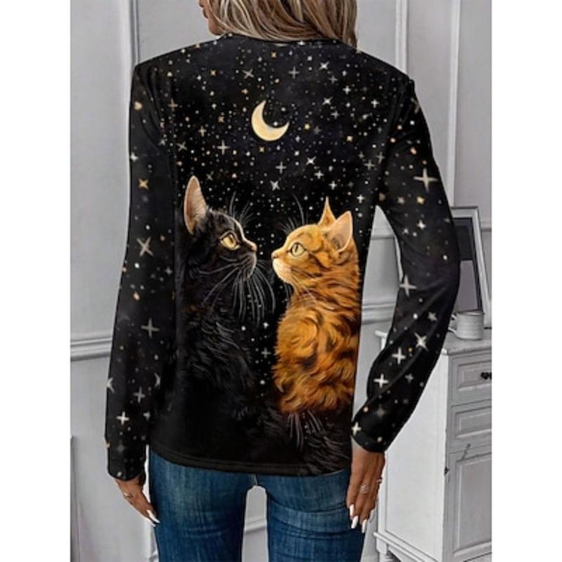 Women's T Shirt Tee Print Halloween Daily Casual Long Sleeve Crew Neck Black Spring Fall