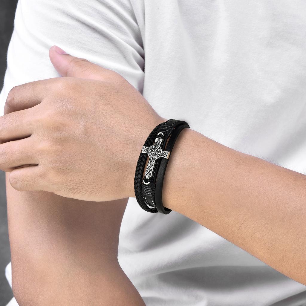 Creative Multi Layer Braided Cross Titanium Steel Leather Bracelet Personality Bangle